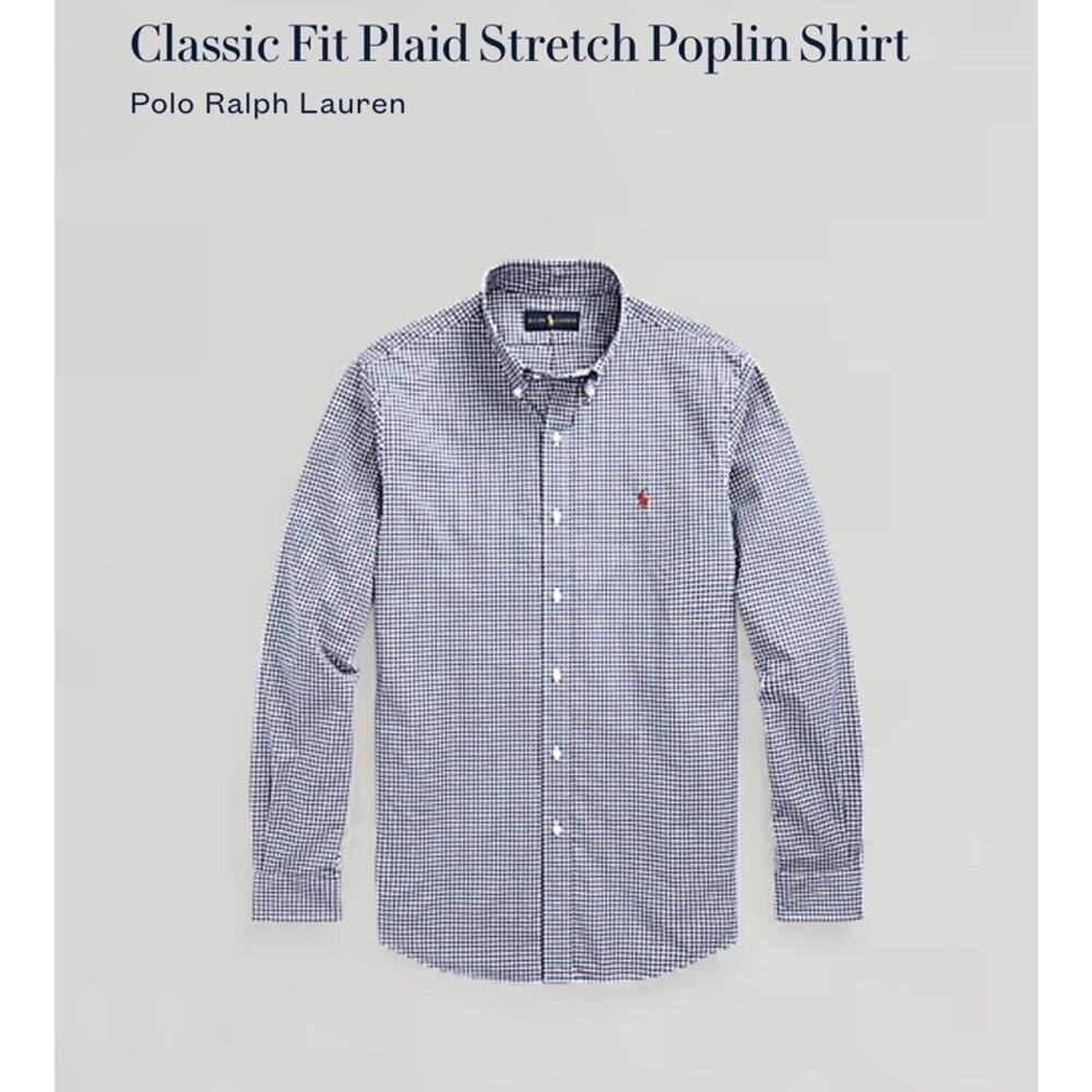 Polo Ralph Lauren Classic Fit cotton blue plaid stretch poplin shirt size medium